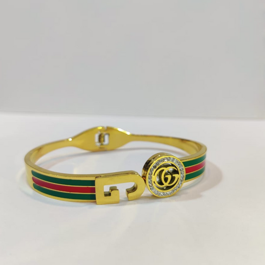 Gucci Inspired Gold Bracelet with Red and Green Stripes and Crystal Accents